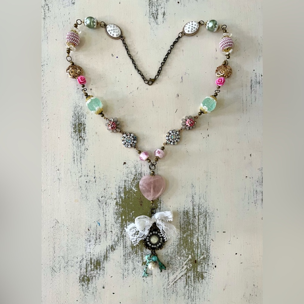 NEW!! Heart Pink Stone Necklace Peacock Earrings Set Handmade Design - Picture 5 of 15